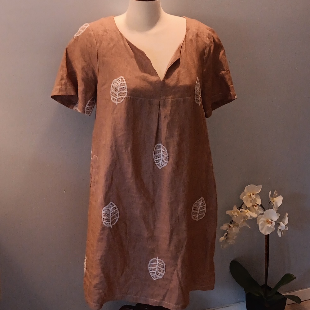 White Stuff tan linen embroidered dress